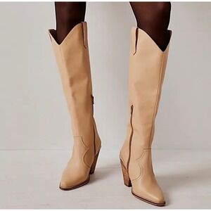 Free People Womens Beige Leather Cowboy Boots Block Heel Side Zip Size 38.5 US 8